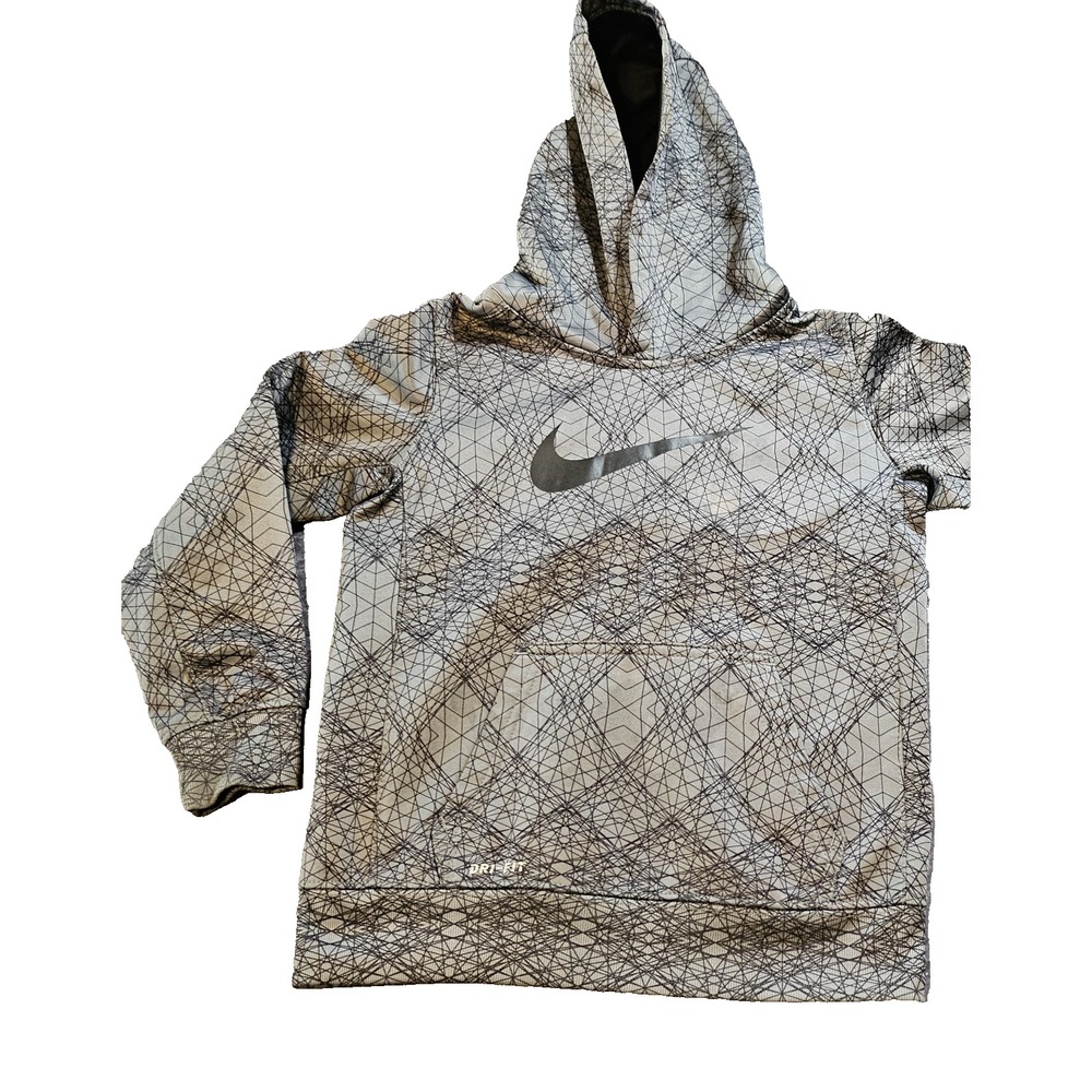 Nike Dri-Fit Swoosh Hoodie Boys 6 Gray Black Geometric Pullover 1-01291